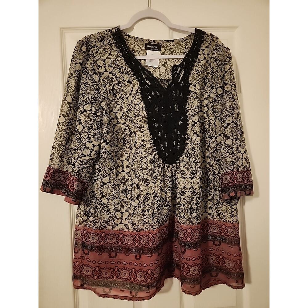 Ambria Women's Blouse Sheer Crocheted V- Neckline 14